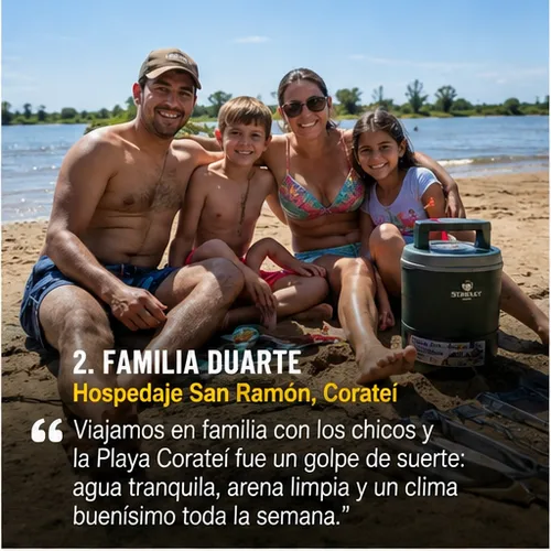Familia Duarte, Hospedaje San Ramón, Corateí: “Viajamos en familia con los chicos y la Playa Corateí fue un golpe de suerte: agua tranquila, arena limpia y un clima buenísimo toda la semana.”